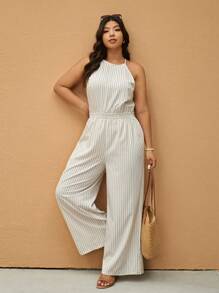 Elaquor Macacão de Ombro Caído com Estampa Listrada e Cintura Ajustável, Tamanho Plus Size para Mulheres