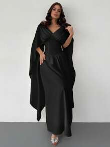 SHEIN Privé Women's Elegant Romantic Charm V-Neck Belted A-Line White Maxi Dress With Super Long Sleeve, Suitable For Valentine's Day, Vacation, Spring/Summer - Black - View 2