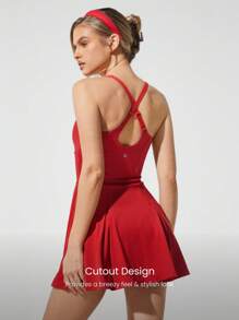 GLOWMODE Quick-Dry Sweat-Wicking Built-In Cups Square-Neck Dress With Built-In Shorts Side Pockets Non-Slip Grips Tennis Golf Gym Daily Casual