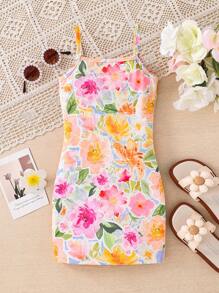 Vestido de tirantes de punto con estampado floral menudo para niña