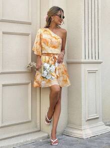 SHEIN LUNE 单肩腰收腰粉色花卉印花女式迷你连衣裙，适合夏季浪漫约会和乡村度假 - 黃色 - 查看 5