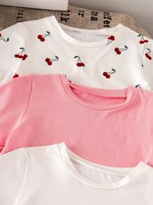 Genkimix Kids 6pcs/3sets Young Girl T-Shirt & Shorts Set, Cherry Print Clothes Outfit For - Multicolor - View 7