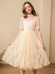 Teen Girl Chinese Style Hanfu Element Dress With Stand Collar And Button Front - Apricot - View 4