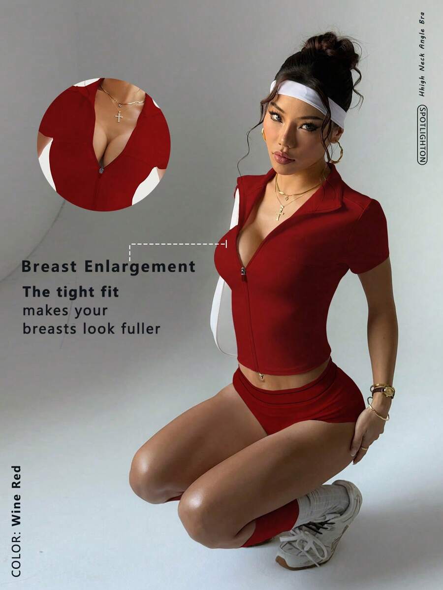 Easithlete 修身多功能运动休闲服女士拉链高领性感优雅可爱短袖瑜伽夹克 - 酒紅色 - 查看 1