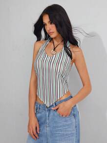 Roylia 女式夏季条纹时尚挂脖背心 - 綠色 - 查看 3