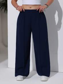 Solflare Loose Elastic Waist Solid Color Pleated Wide Leg Casual Pants For Plus Size Women - Blue - View 11