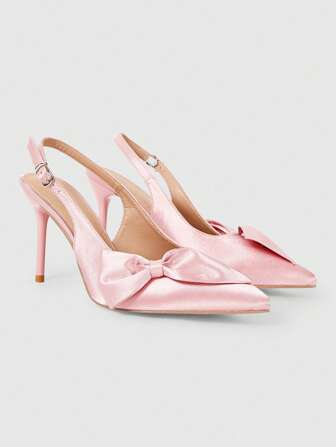 Kawaii Women's Elegant Sweet Big Bow Design High Heel Pumps, Pointed Toe Pink Dress Shoes For Daily, Campus, Party
