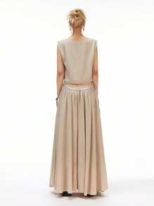 LYSMO 2025 春夏新品女式圆领无袖上衣，花瓣下摆，宽松版型，搭配亚麻质地腰部褶皱 A 字裙，复古休闲风格，波西米亚风，田园风情，极简休闲装 - 杏色 - 查看 2