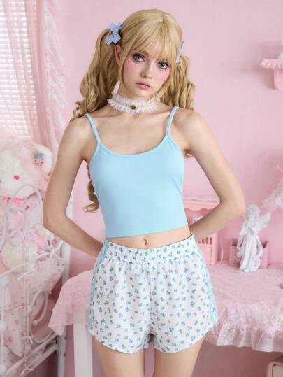 Kawaii Set pigiama casual in cotone con top corto a maglia e canotta in tessuto floreale, per donna, adatto per la primavera