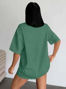 SHEIN Cottnline Women Solid Color Printed Detailed Short Dress T-Shirts - Mint Green - View 2