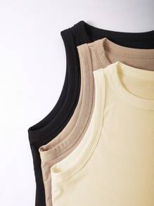 Trelyra Women's Solid Color Crew Neck Ribbed Casual Tank Top, Summer , Basic Tops - Apricot - View 4