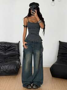 Coolane Women's Grunge Daily Wear Streetwear Casual Going Out Grey And Black Halter Top Ruffle Y2k - Dark Grey - View 5