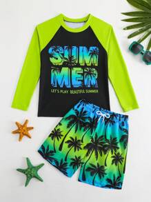 Tween Boys 2pcs Swimwear Set: Long Sleeve Solid Rashguard Top And Palm Tree Letter Print Pattern Gradient Swim Trunks