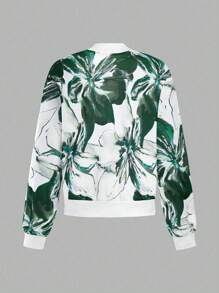 SHEIN LUNE Áo khoác Varsity in hoa cỡ lớn có khóa kéo phía trước dành cho nữ - Màu xanh lá cây đậm - Xem 2