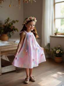 Kleine Mädchenkleid mit Batik-Muster, 3D-Blumendekoration, modischer Neckholder-Ausschnitt