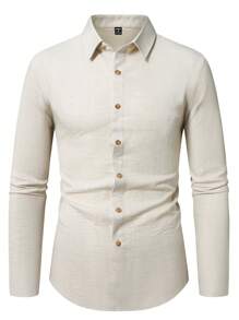 Manfinity Mode Kemeja Pria Lengan Panjang Kasual Campuran Linen, Warna Beige, Potongan Longgar, Kemeja Formal Polos untuk Musim Panas dengan Saku Dada, Sempurna untuk Kencan, Hadiah Hari Ayah, Musim Gugur - Khaki - View 3