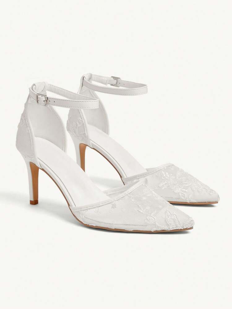 CUCCOO CHICEST Women High Heel Shoes, Sexy Lace Mesh Ankle Strap Wedding Party Pumps, White Pointed Toe Stiletto For Christmas Elegant Shoes Wedding Shoes Summer Shoes Bride Shoes