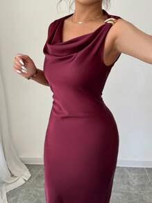 Elenzga Damen elegantes lang geschnittenes Kleid mit verdecktem Kragen, einfarbig und figurbetont