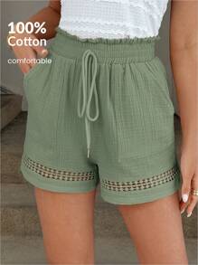 Easowa Pantalones cortos de algodón caqui con parches y cintura elástica para mujer, para primavera/verano