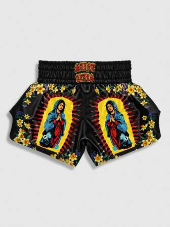 Anime Men's Floral Print Character Elastic Waist Relaxed Fit Boxing Shorts, For Back To School