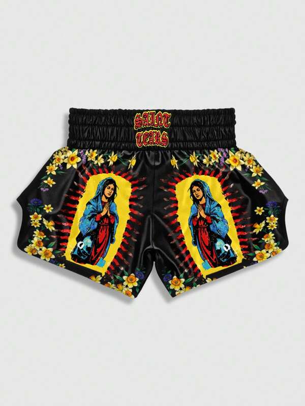 ROMWE MEN Anime Pantalones cortos de boxeo con estampado floral, cintura elástica y ajuste relajado para hombres, de vuelta al colegio