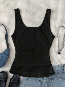 SHEIN 少女基本款白色圆点罗纹金属纽扣休闲百搭黑色深U领工字背心