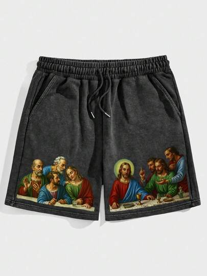 Goth Men's Vintage Religious Figure Printed Casual Shorts, Summer