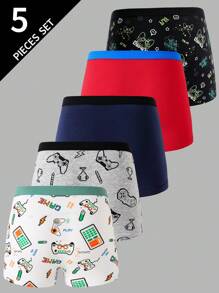 5pcs Teens & Young Men's Minimalist Gaming Console Printed Soft Cotton Breathable Briefs,Summer,Travel