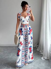 Elenzga Bộ đồ hai mảnh in họa tiết thanh lịch thời trang giản dị ngày lễ lãng mạn tiệc âm nhạc bohemian mùa hè hiện đại áo crop top hai dây và quần ống rộng ống đứng - Màu xanh lam - Xem 5