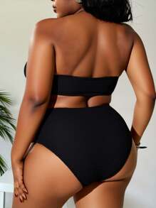 Slaydiva Summer Beach Plus Size Solid Bandeau Bikini Set - Black - View 2