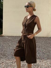 DAZY Bộ đồ 2 mảnh thường ngày dành cho nữ, thiết kế mùa hè mới bằng vải lanh, bộ đồ ngắn cho nữ - Cà phê nâu - Xem 4