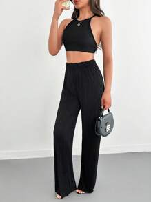 SHEIN Tall Ensemble coordonné de lounge froissé chic pour fille avec un top court à col montant et un pantalon ample. Ensemble deux-pièces en tissu pour femmes avec un Top et un pantalon à jambe large. Décontracté, élégant, pour un rendez-vous, un week-end de luxe