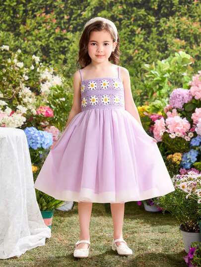 SHEIN 女童碎花吊带连衣裙，带网眼，适合夏季度假、婚礼宾客的连衣裙，幼儿