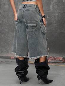 ROMWE Grunge Punk Street Punk Style Distressed Loose Low-Rise Women's Mid-Length Super Low Waist Denim Shorts