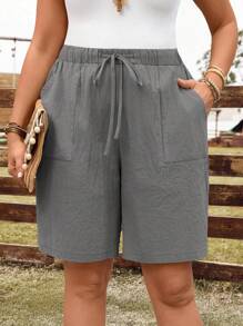 EMERY ROSE Pantalones cortos sueltos de mujer talla grande de verano, unicolor básico, con cintura con cordón y bolsillos laterales - Gris - Ver 4