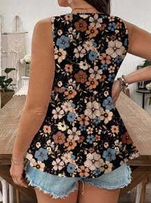 SHEIN LUNE Plus Size Women's Summer Holiday Style Floral Pattern Button Decoration Burnout Embroidery Ruffle Hem Top Suitable For Going Out - Multicolor - View 2