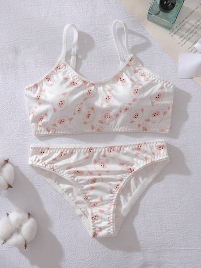 2pcs/Set White Cute Lamb Pattern Girls Underwear Set, Includes Bra And Panty