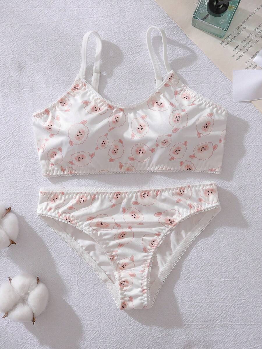2pcs/Set White Cute Lamb Pattern Girls Underwear Set, Includes Bra And Panty - White - View 1
