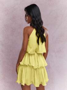 MISSGUIDED Halter Neckline Mini Party Dress Ruffled Tiered Layered Boho Wedding Guest Festival Spring Summer Occasion - Yellow - View 2