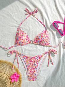 Swim Vcay Women's Summer Ditsy Floral O-Ring Halter Neck Bikini 2-Piece Swimwear Set