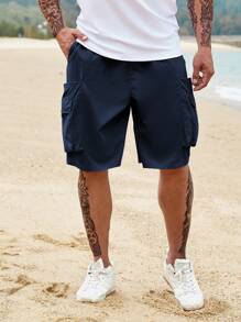 Manfinity Homme Plus Size Men's Solid Color Utility Pocket Casual Loose Cargo Shorts - Blue - View 4