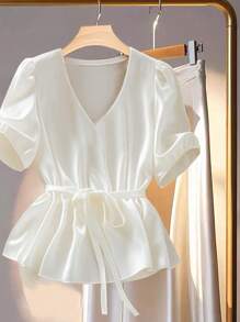 Franclia White V-Neck Puff Sleeve Tie Ruffle Trim Blouse Shirt