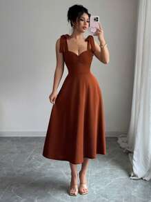 Elenzga Vestido elegante y romántico para mujer con tirantes de espagueti sin mangas, lazo en la cintura y línea A, ideal para fiestas de música y festivales