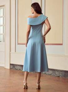ZEYLAH Women Elegant Waist Decorated Asymmetric Rhinestone & Faux Pearl Embellished Mid-Length Dress - Blue - View 3