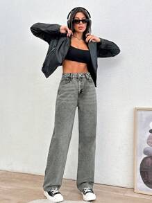 EURMUSE 高腰灰色直筒中号牛仔裤 - 灰色 - 查看 4