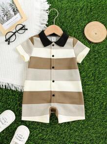 SHEIN Pelele de manga corta con rayas tejido adorable para bebé recién nacido niño, adecuado para fiesta de cumpleaños, fiesta de noche, actuación, boda, celebración del mes, bautizo y baby shower del primer cumpleaños, verano