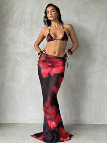 Aloruh Women's New Vintage Romantic Floral Print Halterneck Tie-Side Triangle Cup Swimwear Bottom, Women's Bikini Set, Women's Swimming Suit, Women's Beach Wear, Women's Vacation Wear, Spring/Summer Thong Bikini Set Beach Outfits For Woman Vacation Outfits Woman Bikinis For Women Sets Bikini Set Women Swimwear Women Bathing Suits Triangle Bikini