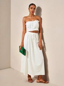 Slaydiva Size Frill Trim Tube Top And Elastic Waist Wide Leg Pants For Summer Leisure