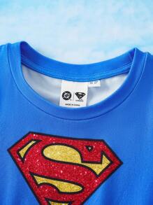 SUPERMAN X SHEIN Young Girl Cartoon Superhero With Golden Belt, Red Star Mesh Blue Short Sleeve Dress, And Cute Design - Multicolor - View 6