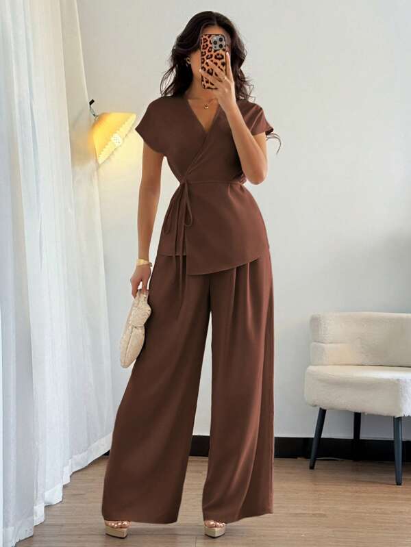 Elenzga Women's Elegant Wrap Batwing Sleeve Blouse And Loose Wide Leg Pants 2 Pieces Set, Woven Apricot, For Summer Outing, Dating, Vacation